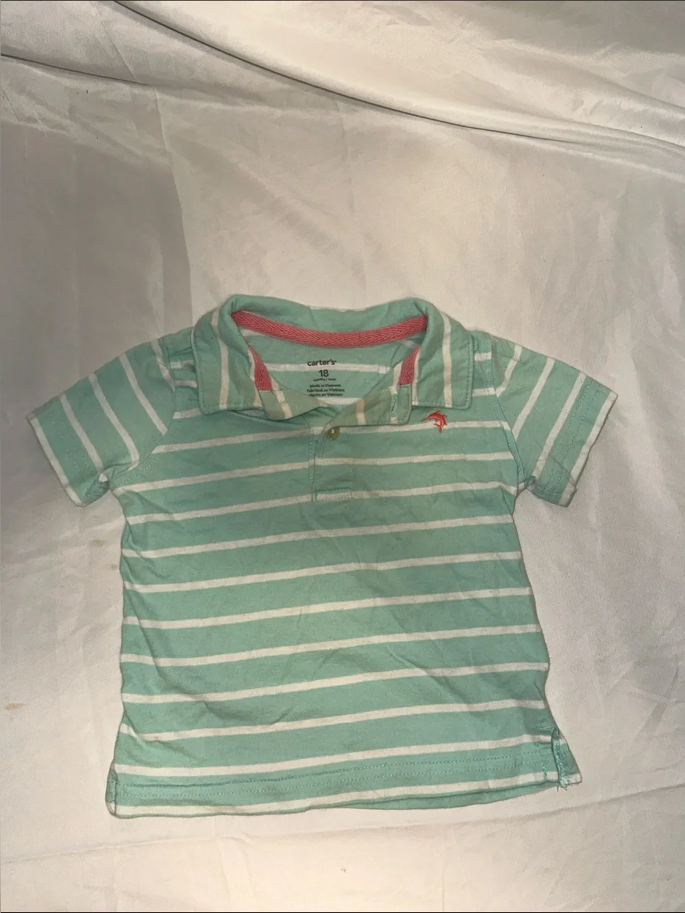 Carter's Green and White Striped Polo with Coral Accent